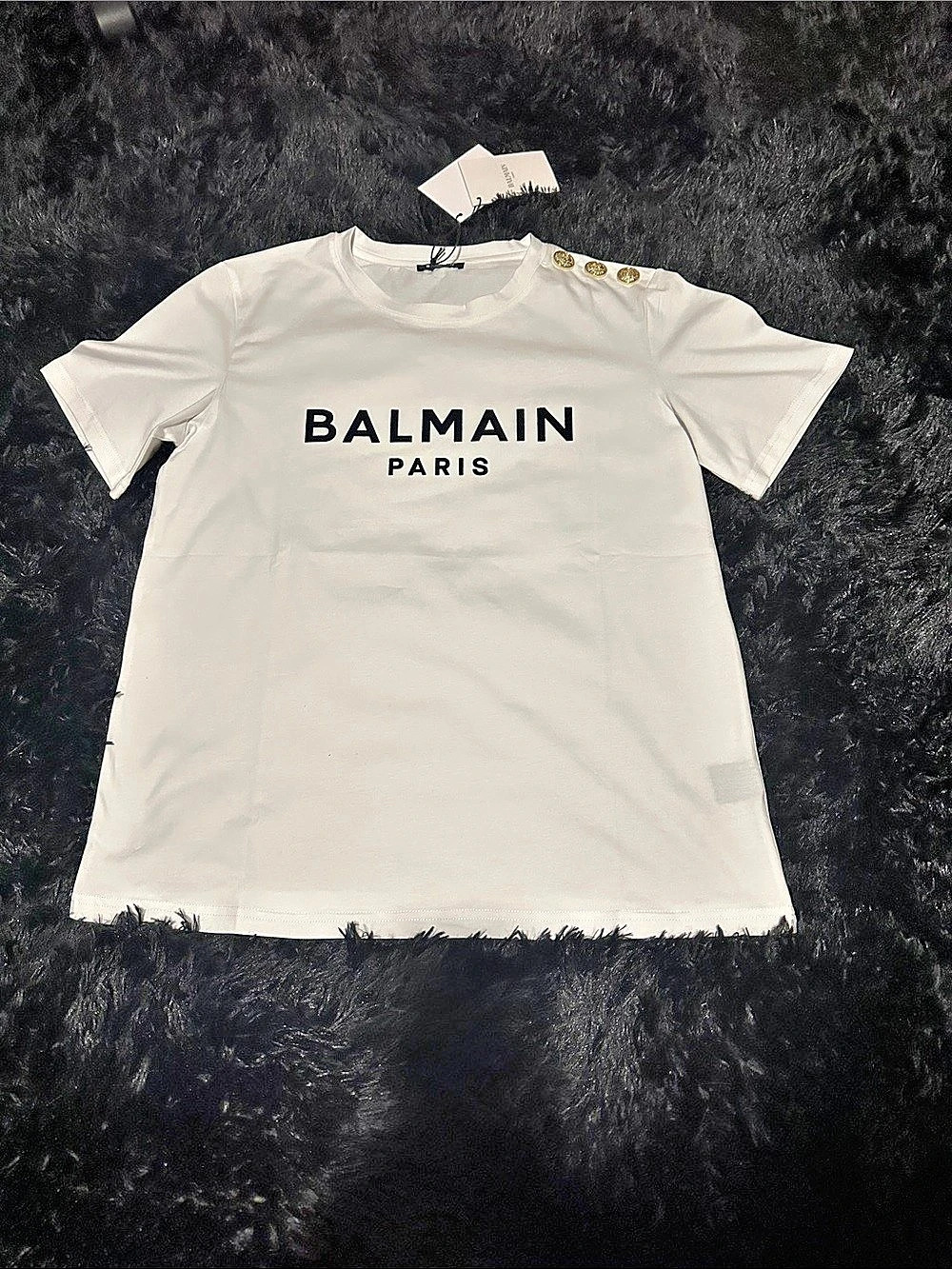 BALMAIN white with black raised lettering with  Gold Buttons on shoulder NEW